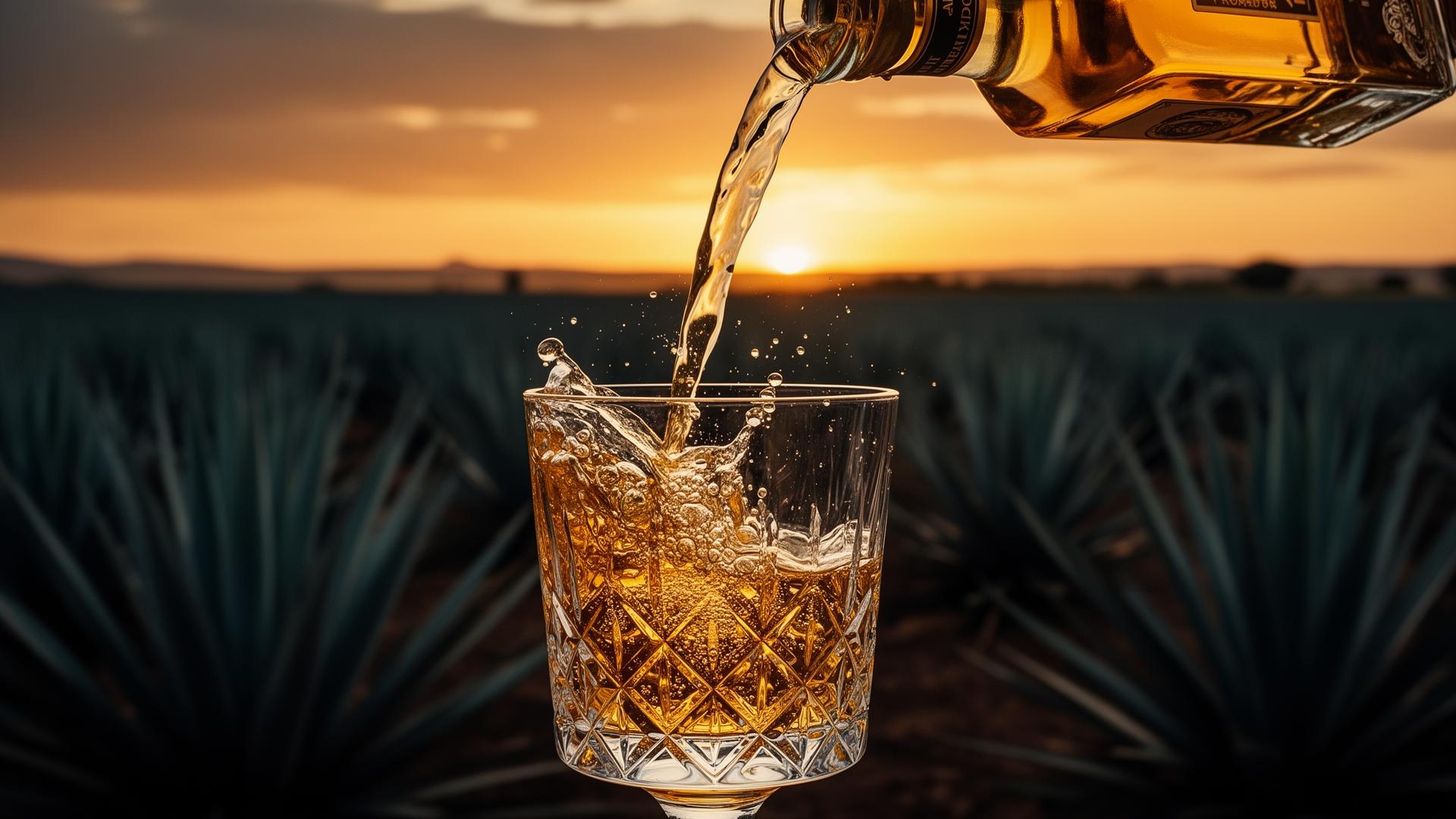 Amber agave spirit pouring into a glass at sunset over an agave field