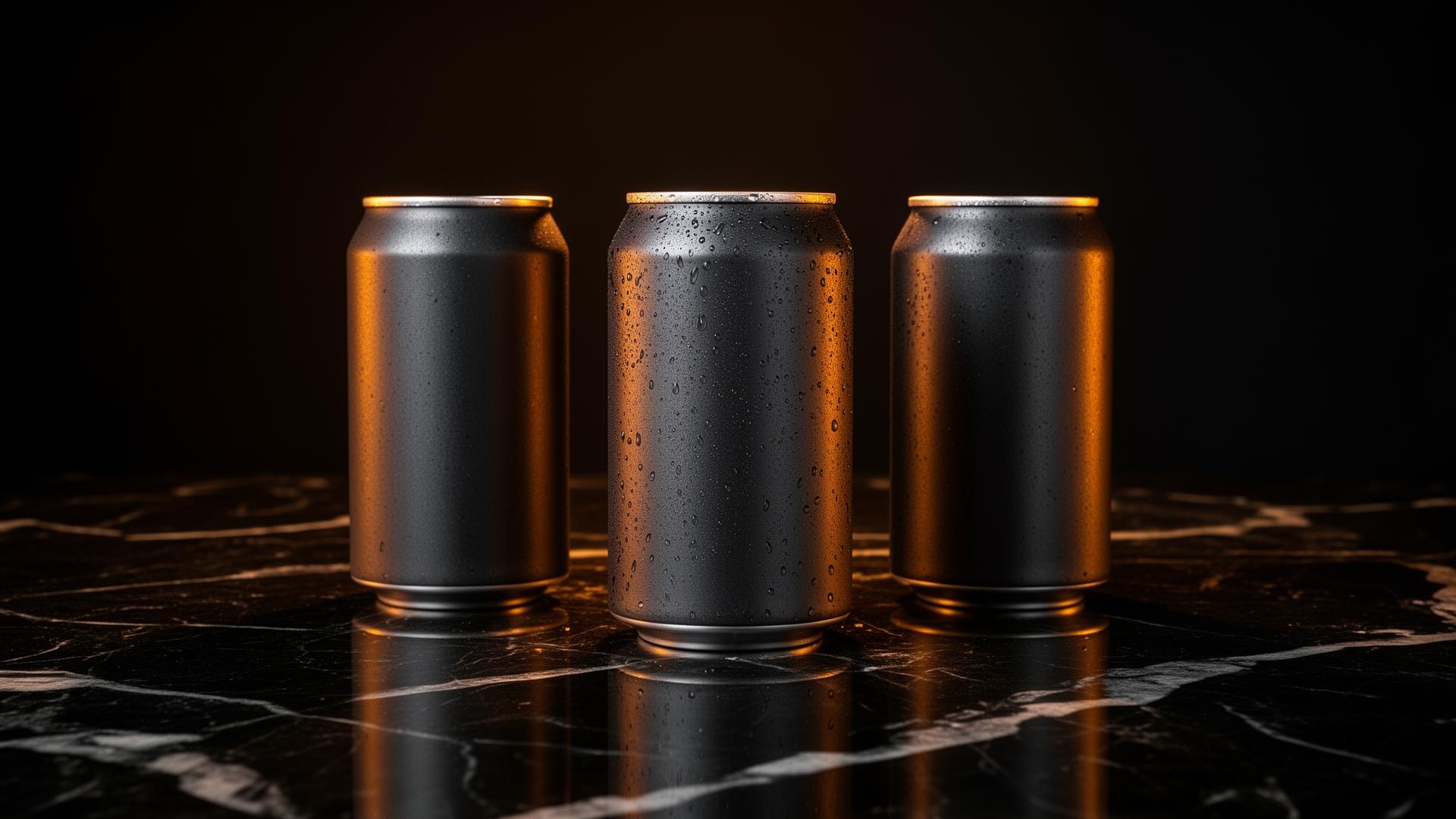 RTD cans on a dark surface with amber lighting
